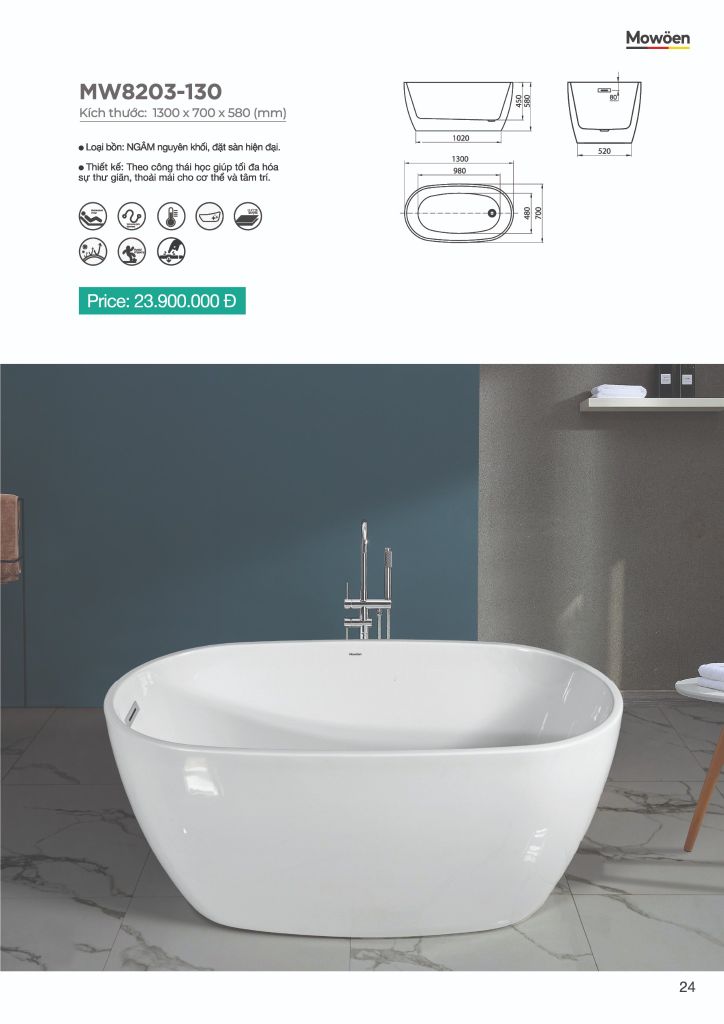 Bồn Tắm Acrylic Độc Lập Mowoen MW8203-130