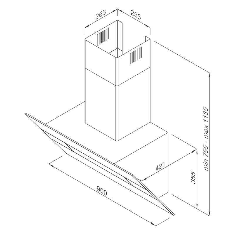 Kích thước lắp đặt máy hút khói khử mùi áp tường MC-9003