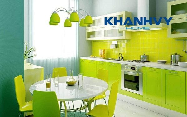 Mẫu tủ bếp màu xanh mạ