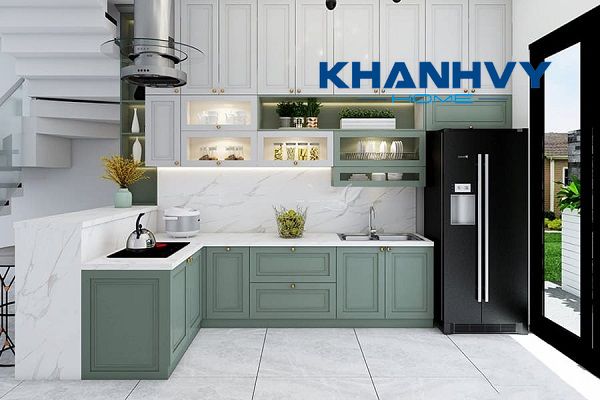 Mẫu tủ bếp màu xanh pastel