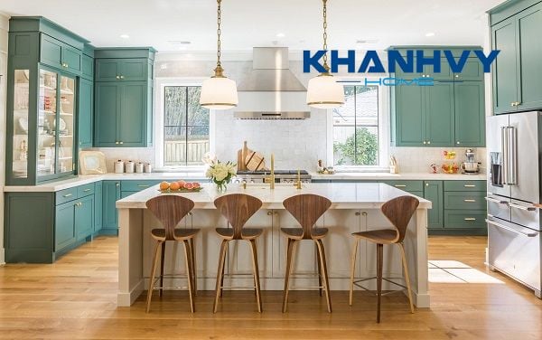 Mẫu tủ bếp màu xanh ngọc
