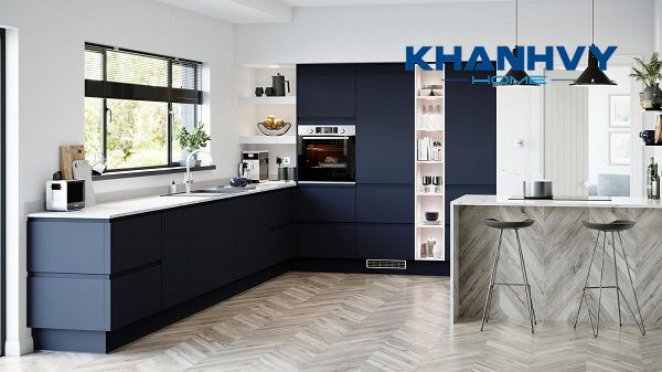 Mẫu tủ bếp màu xanh ghi