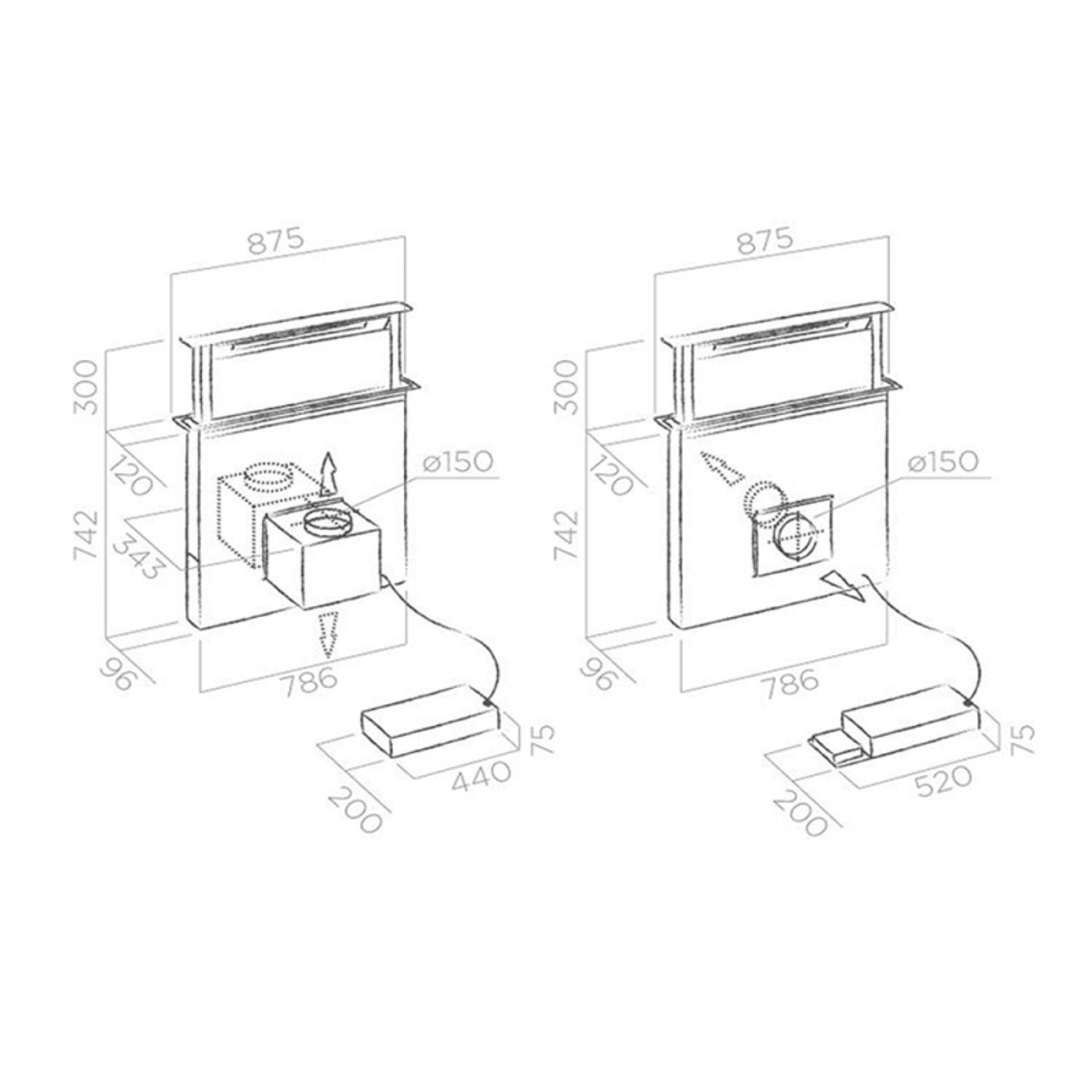 Kích thước máy hút mùi âm bàn Elica ADAGIO GME WH/A/90 PRF0106386