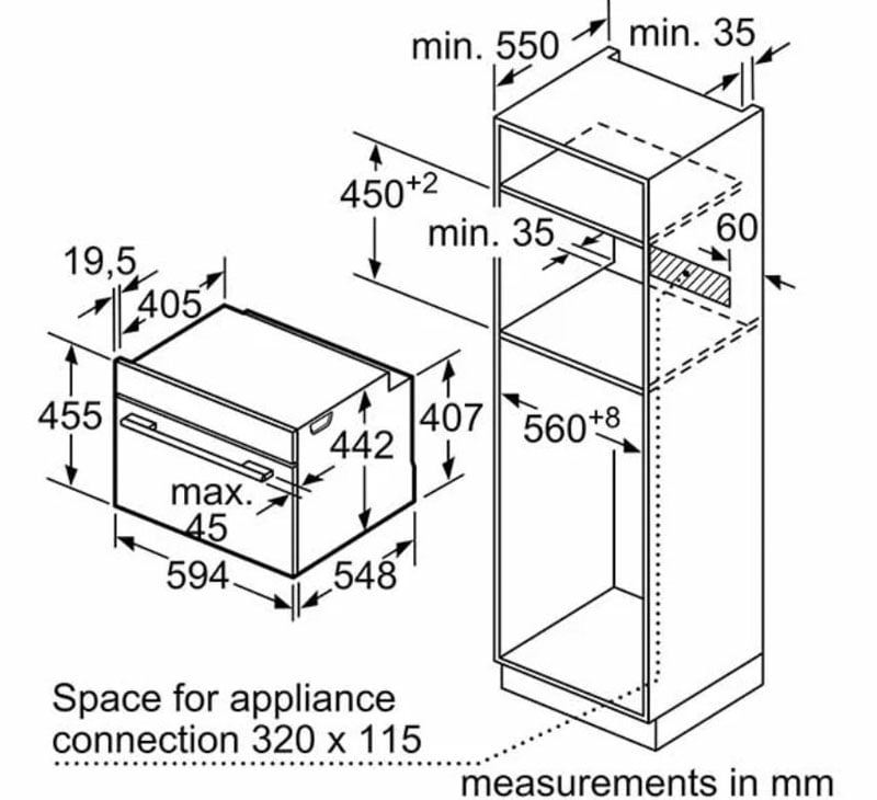 Kích thước lò hấp Bosch HMH.CDG634AS0 45CM Series 8 và kích thước hộc tủ khuyến nghị