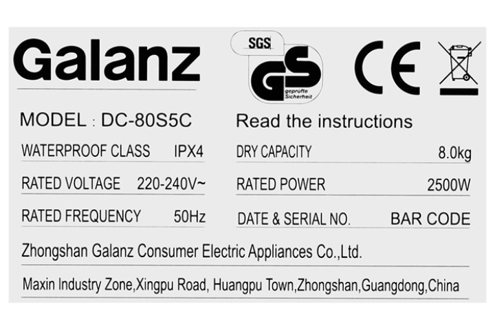 Máy sấy Galanz DC-80S5C ngưng tụ 8kg màu trắng