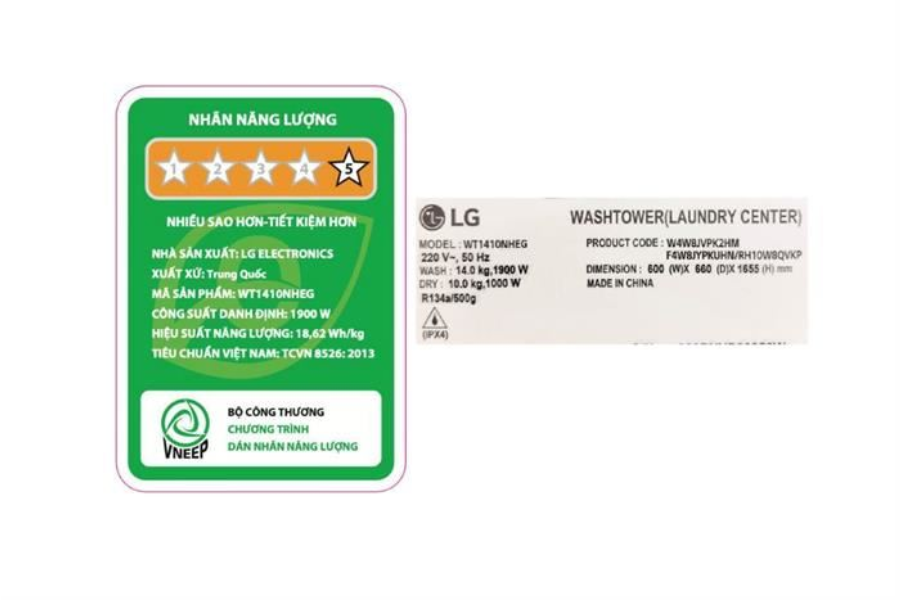 Tháp giặt sấy LG WT1410NHEG Giặt 14kg/Sấy 10kg Màu be
