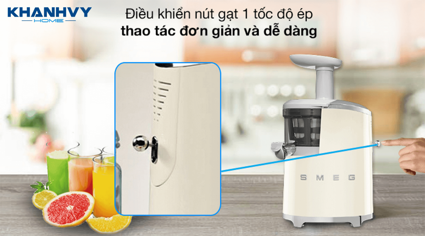Máy ép chậm SMEG SJF01CREU 535.43.625 sử dụng công nghệ ép chậm độc quyền thế hệ thứ hai với tốc độ quay mạnh mẽ 43 vòng/phút