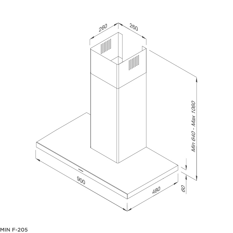 Kích thước lắp đặt máy hút khói khử mùi áp tường MIN F-205