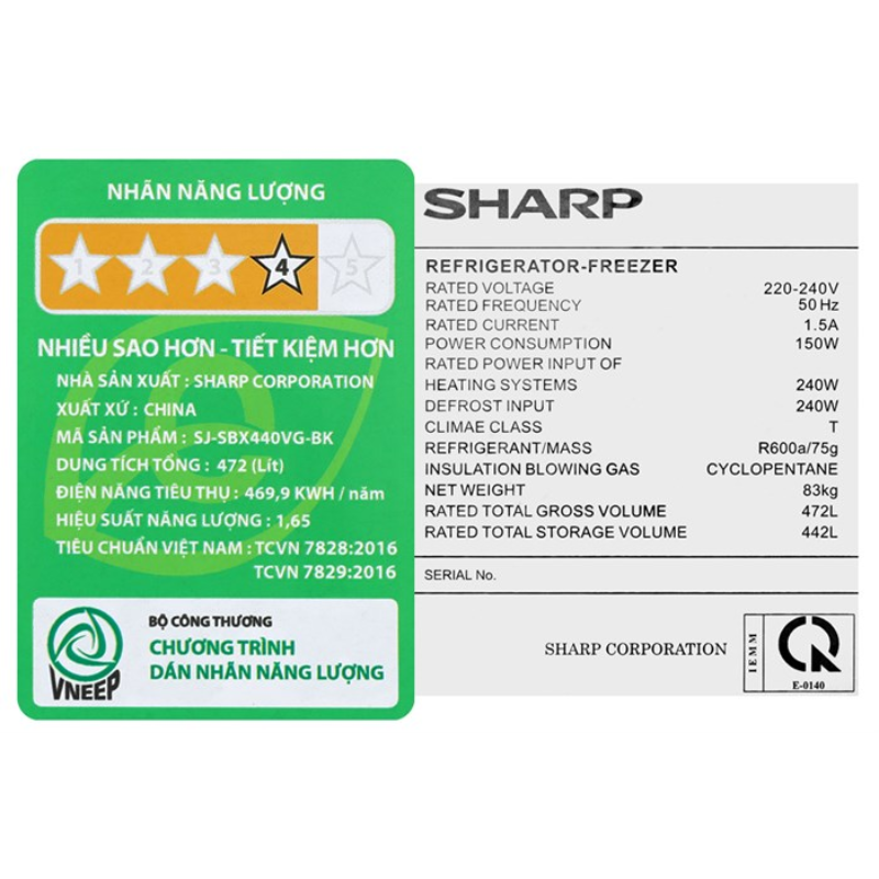 Tủ lạnh Sharp SJ-SBX440VG-BK Side By Side màu đen