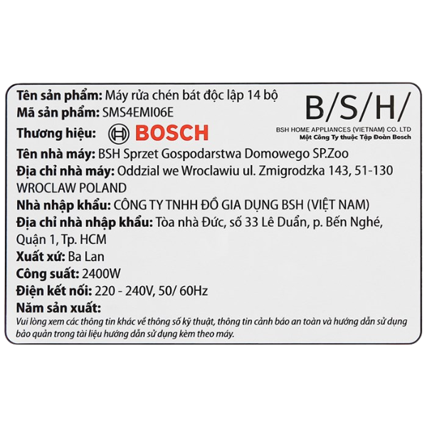 Máy rửa chén Bosch SMS4EMI06E series 4, độc lập