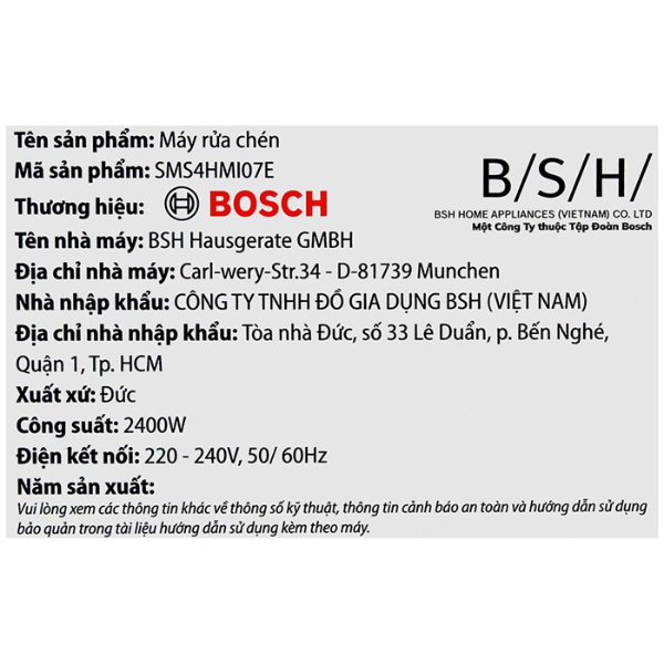 Máy rửa chén Bosch SMS4HMI07E series 4 độc lập