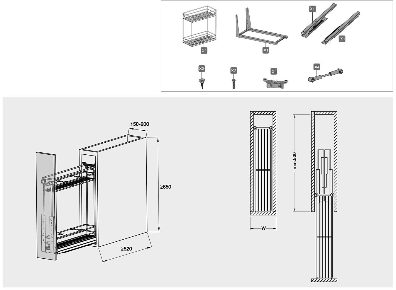 Thông số kỹ thuật bộ rổ gắn cánh 200mm Hafele 549.34.021 tại Khánh Vy Home