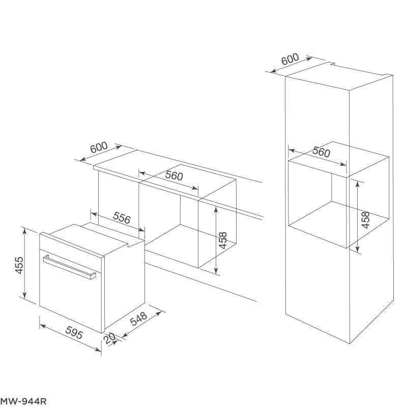 Kích thước lắp đặt lò nướng kết hợp vi sóng MW-944R