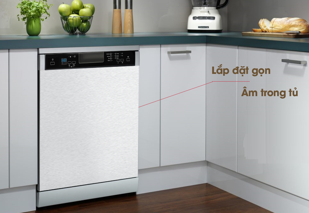 Máy rửa chén WQP12-J7309K E5 lắp đặt âm trong tủ rất gọn gàng