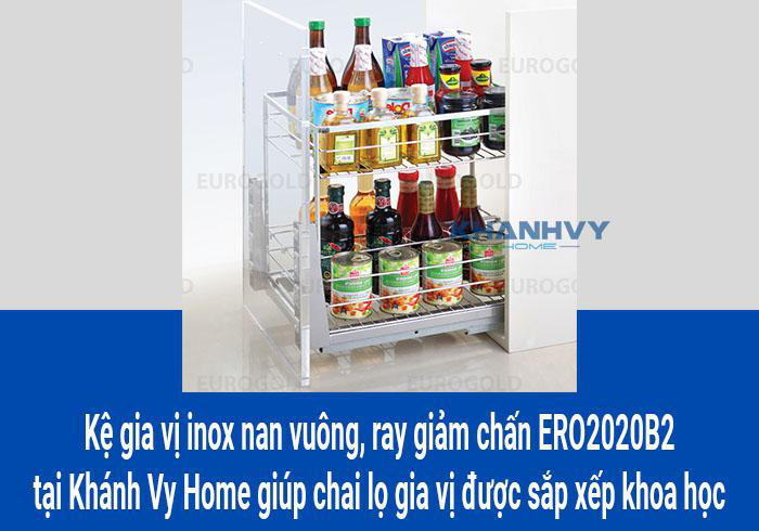 Kệ gia vị inox nan vuông, ray giảm chấn ERO2020B2 tại Khánh Vy Home giúp chai lọ gia vị được sắp xếp khoa học