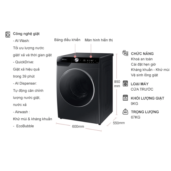 Máy giặt AI Ecobubble Samsung WW90TP44DSB/SV