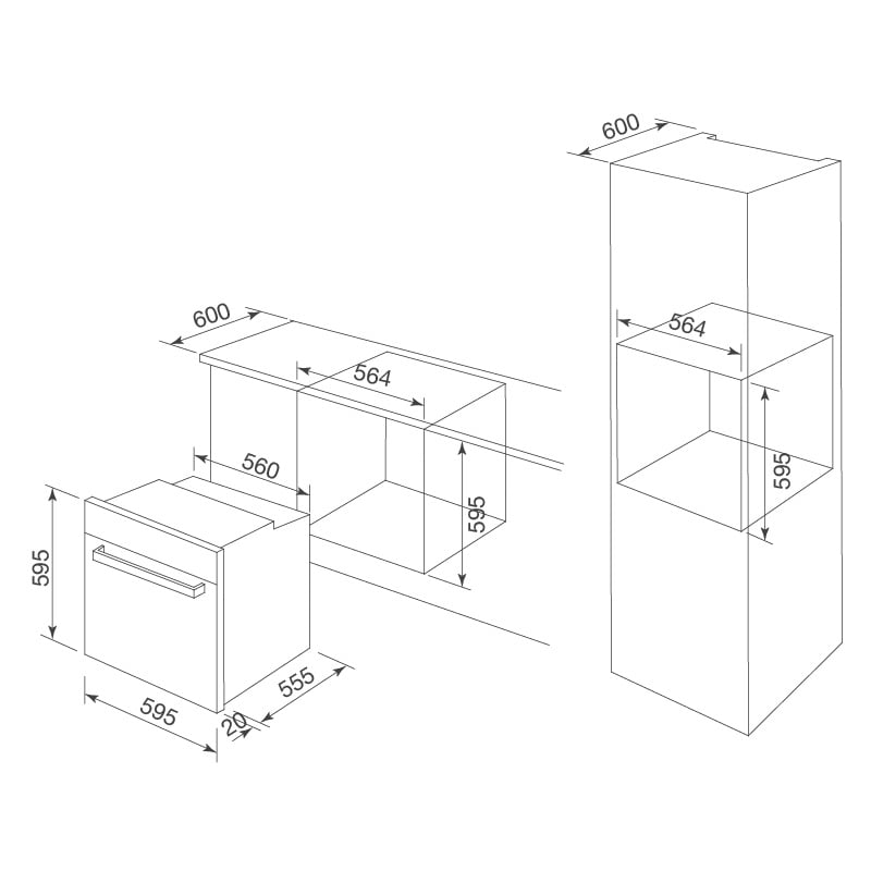 Kích thước lò nướng Malloca MOV-656 ECO và kích thước ô tủ phù hợp để lắp đặt
