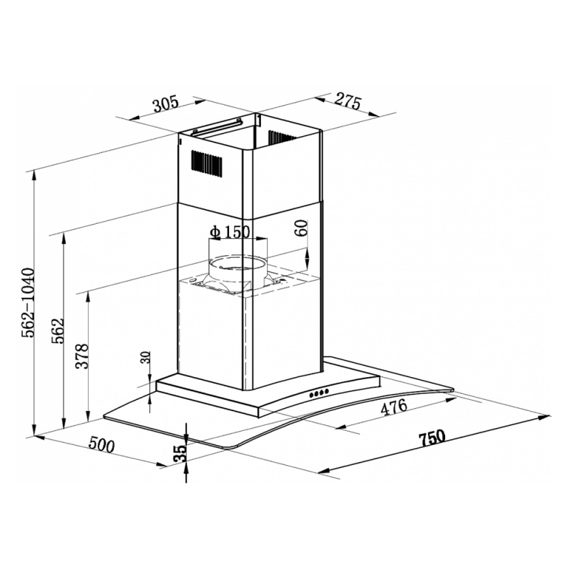 Thông số của máy hút mùi Maadela MH-A38A5