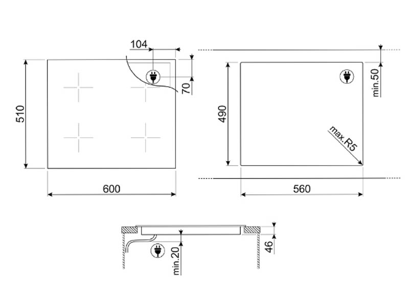 Kích thước sản phẩm bếp từ Smeg SIM662WLDX 535.64.153