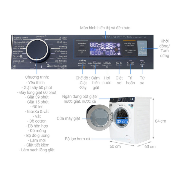 Máy giặt sấy Electrolux EWW1142Q7WB 11/7kg