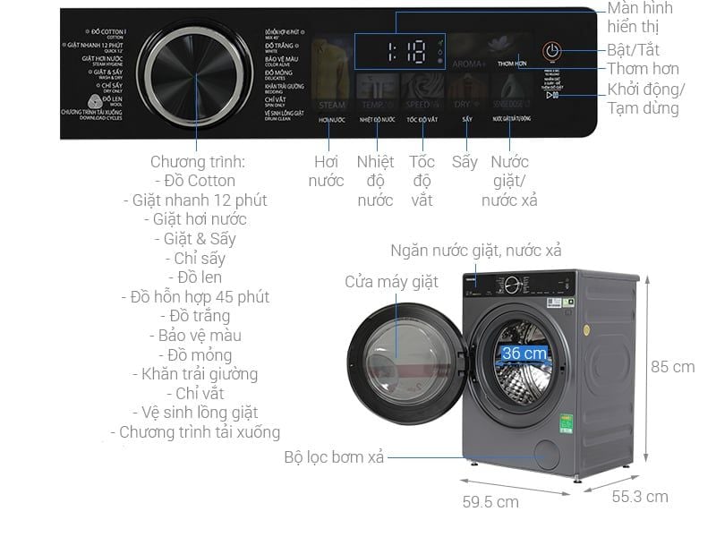 Máy giặt sấy Toshiba TWD-T25BZU115MWV(MG) Inverter giặt 10.5 kg - sấy 7 kg