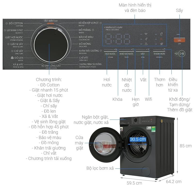 Máy giặt sấy Toshiba TWD-T21BU140UWV(MG) Inverter giặt 13 kg - sấy 8 kg