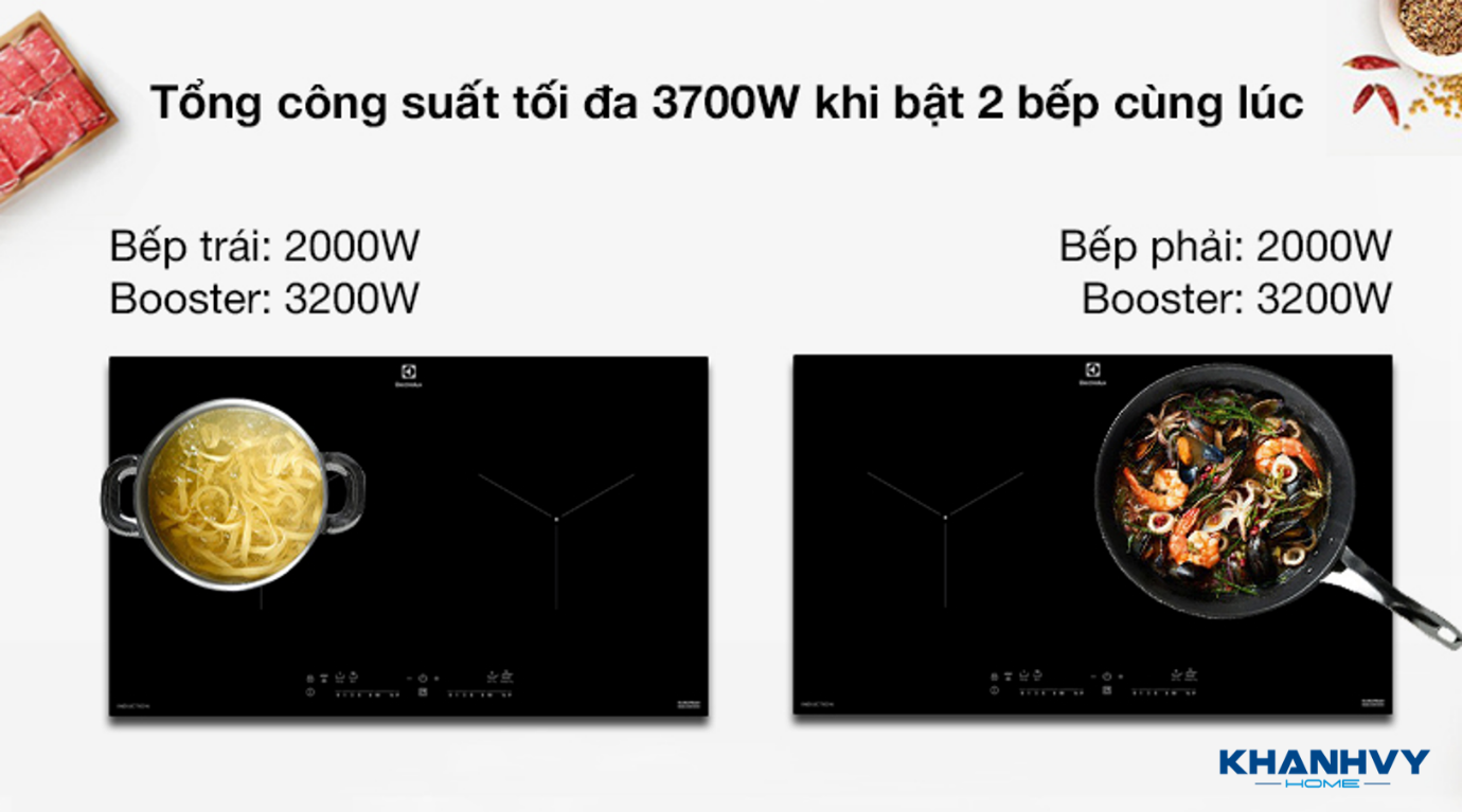 Bếp từ Electrolux EHI7280BB sở hữu 2 vùng nấu với tổng công suất 3700W và công nghệ cảm ứng từ hiện đại