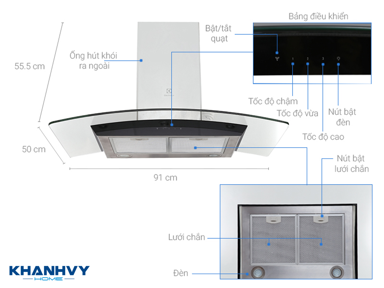 Thông số kỹ thuật của máy hút mùi Electrolux EFC936GAR 90cm