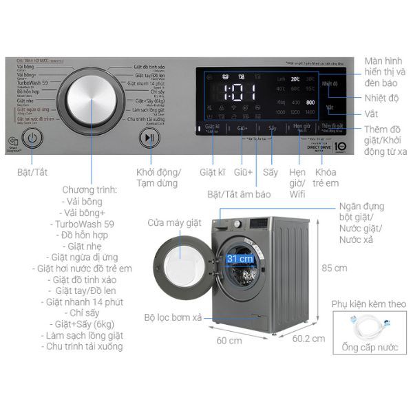 Máy giặt sấy LG Inverter giặt 10kg/ sấy 6kg FV1410D4P