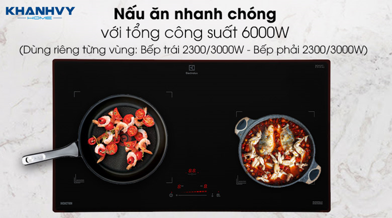 Bếp từ Electrolux EHI7325BA sở hữu 2 vùng nấu với tổng công suất 6000W cùng khả năng điều chỉnh chính xác với 9 mức nhiệt linh hoạt