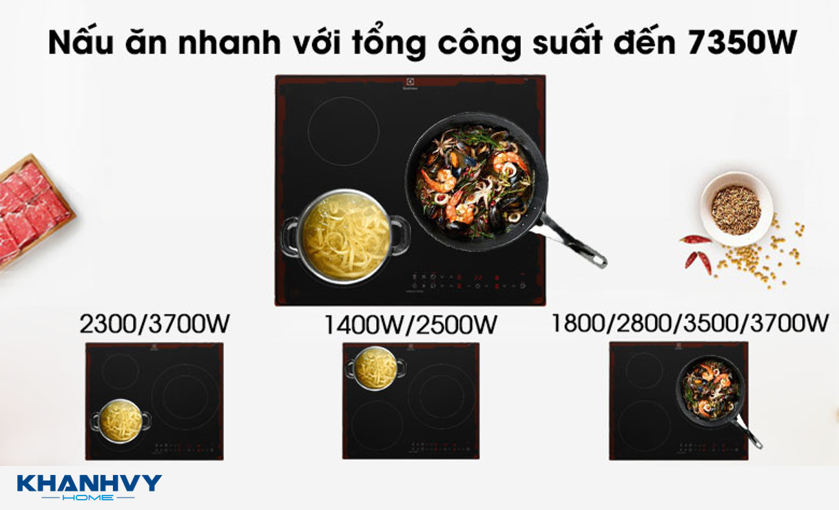 Bếp được trang bị 3 vùng nấu riêng biệt có thể hoạt động cùng lúc với công suất mạnh mẽ lên đến 7350W