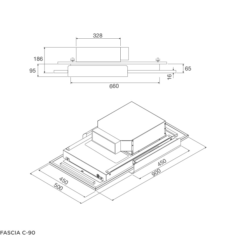 Kích thước lắp đặt máy hút khử mùi âm trần FASCIA C-90