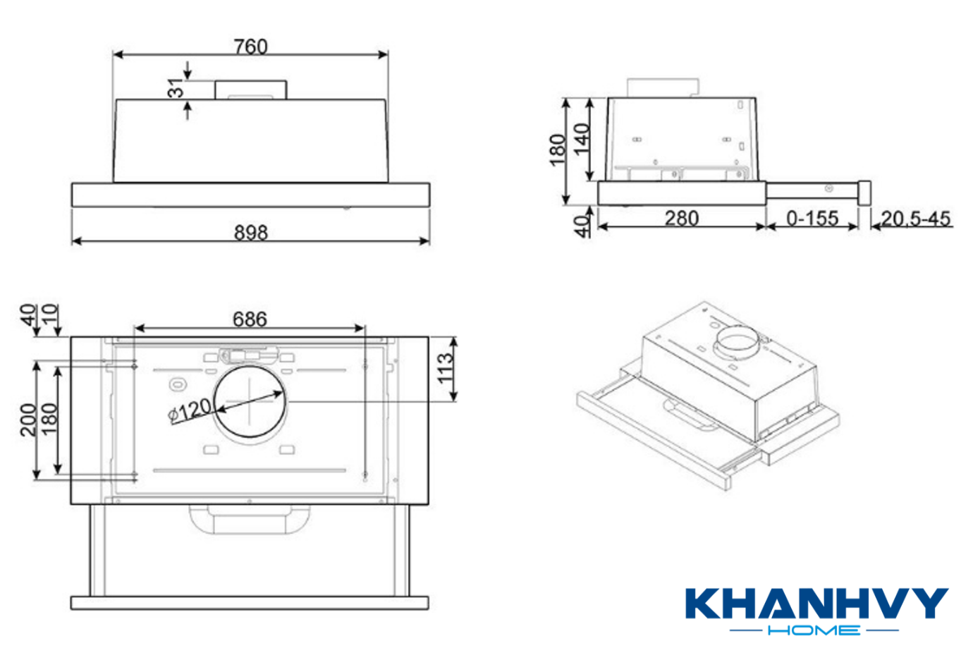 Thông số sản phẩm máy hút mùi âm tủ Smeg KSET92E 536.84.872