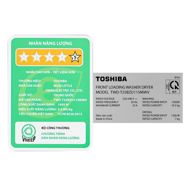 Máy giặt sấy Toshiba TWD-T25BZU115MWV (MG) Inverter  giặt 10.5 kg - sấy 7 kg