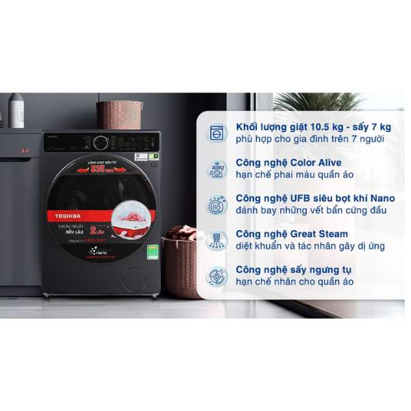 Máy giặt sấy Toshiba TWD-T25BZU115MWV (MG) Inverter  giặt 10.5 kg - sấy 7 kg