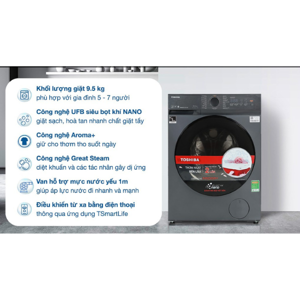 Máy giặt cửa trước Toshiba TW-T21BU105UWV(MG) Inverter 9.5 kg
