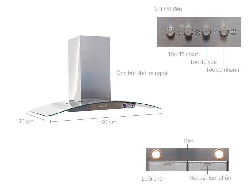 Máy hút khử mùi áp tường DELTA-K890V có đèn halogen hỗ trợ chiếu sáng khu vực nấu