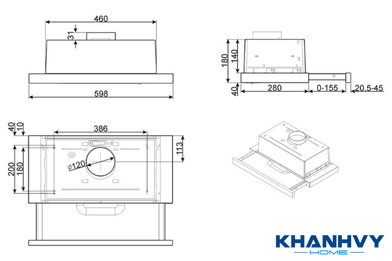 Thông số sản phẩm máy hút mùi âm tủ Smeg KSET62E 536.84.832