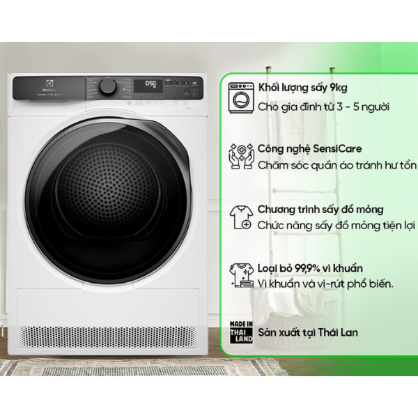 Máy sấy bơm nhiệt 9kg Electrolux EDH903R7WC