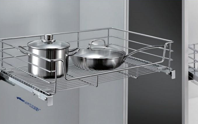 Kệ xoong nồi inox nan âm tủ - gắn cánh, ray giảm chấn EG6160 tại Khánh Vy Home chắc chắn, chịu được trọng tải lớn