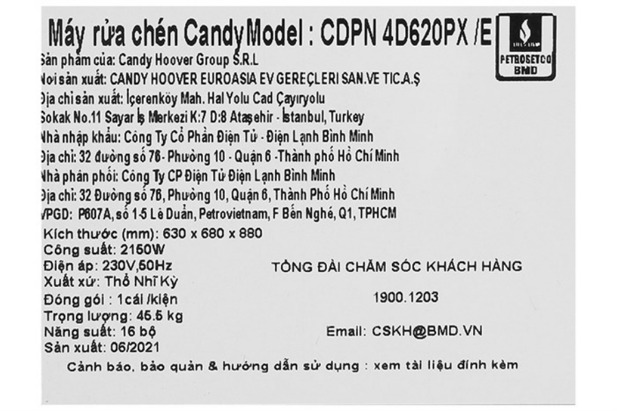 Máy rửa chén Candy CDPN 4D620PX/E độc lập