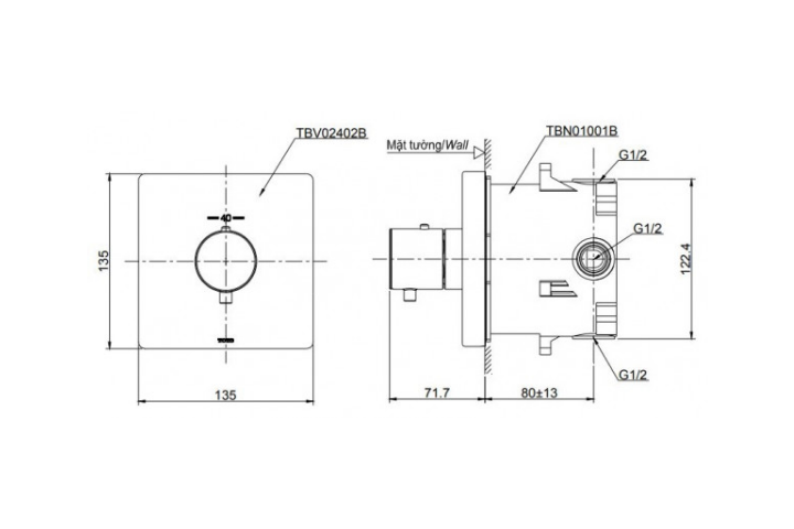 Van điều chỉnh nhiệt độ Toto TBV02402B/TBN01001B dùng cho loại nút nhấn, kèm phụ kiện âm tường