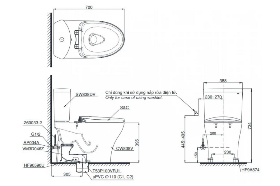 Bàn cầu hai khối TOTO CS838CDW12 nắp rửa điện tử WASHLET