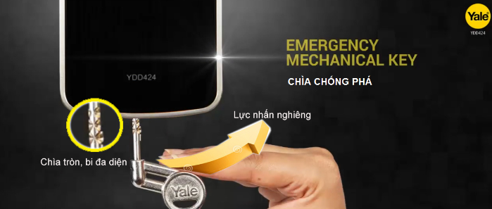 Chìa khóa cơ khẩn cấp, phòng trường hợp hết pin hoặc không nhận dạng vân tay, mã số