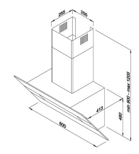 Kích thước lắp đặt máy hút khử mùi áp tường KITE BLACK-K200B