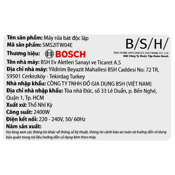 Máy rửa chén Bosch SMS2ITW04E - Serie 2, độc lập