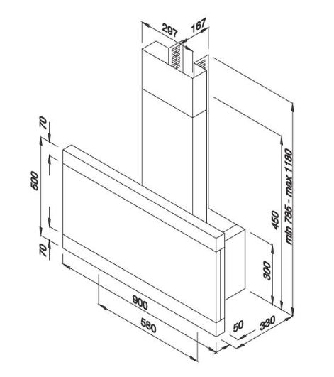 Kích thước lắp đặt máy hút khử mùi áp tường LATINA-K500F