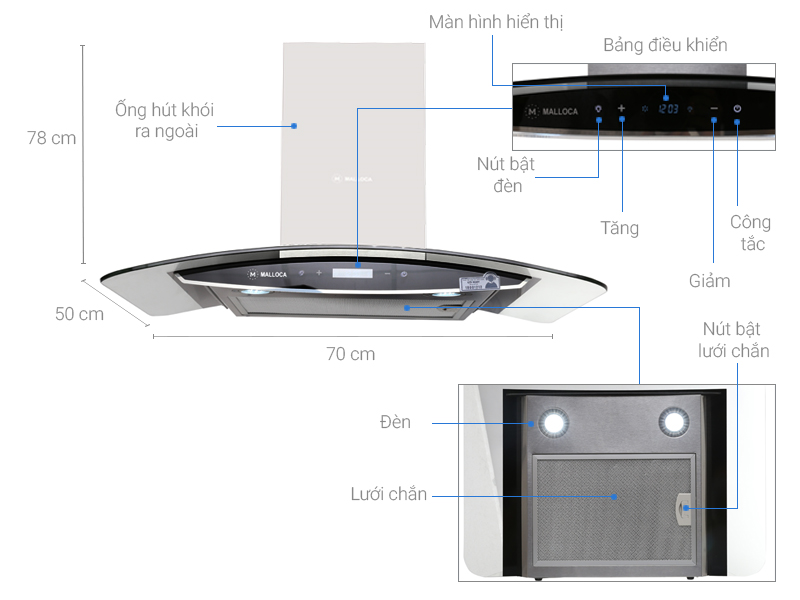 Máy hút khử mùi áp tường MC 1070 trang bị màn hình hiển thị LED hiển thị rõ ràng