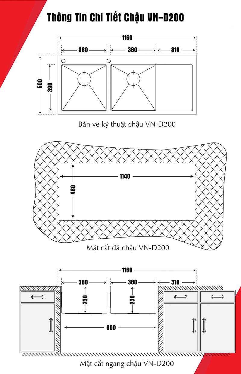 Chậu rửa inox VN-D200 (ID-1150) sơ đồ