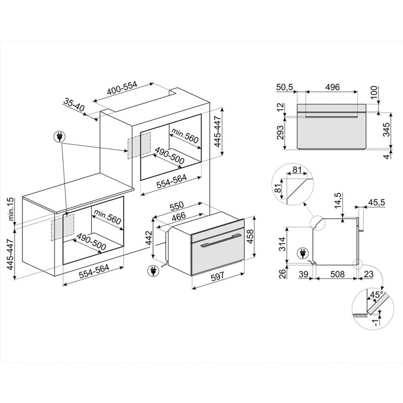  Thông số kỹ thuật của lò vi sóng kết hợp nướng, thủy phân Smeg LINEA, SF4104MCS 536.64.612